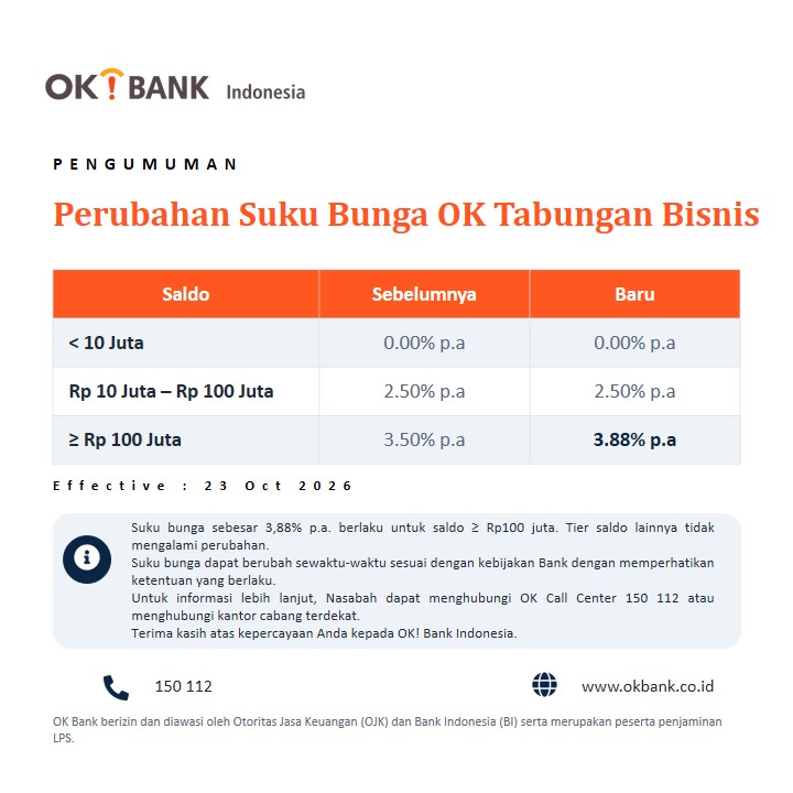 Pengumuman Perubahan Suku Bunga OK Tabungan Bisnis